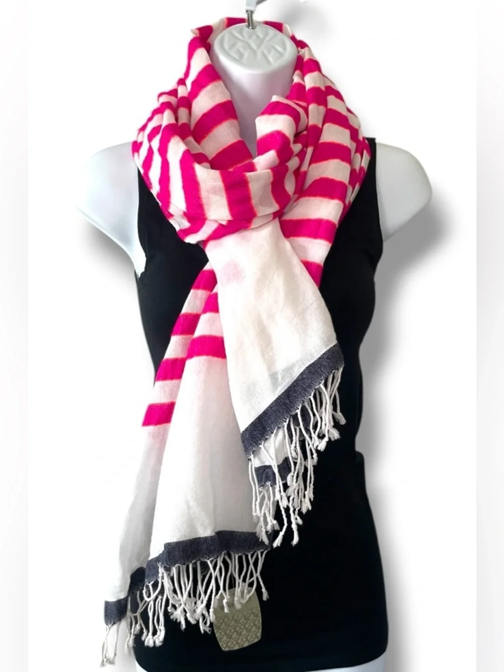 World Market Pink Stripe Scarf Wrap Fringe Boho Lightweight Summer Shawl NWT
